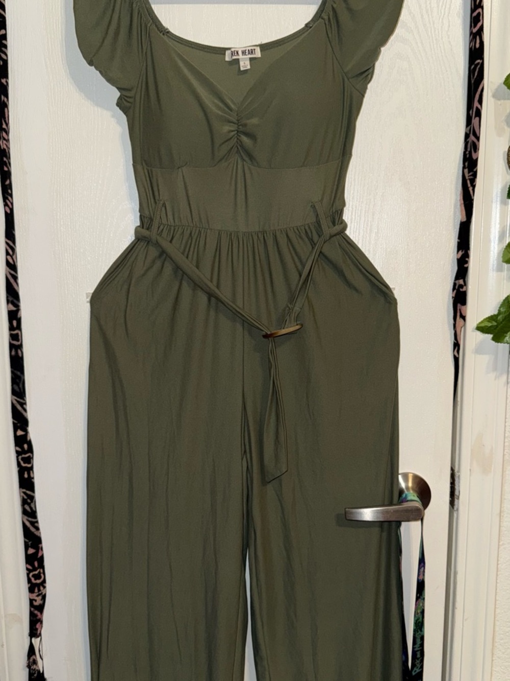 Derek Heart Olive Scoop-Neck Wide Leg Jumpsuit with Tie Belt